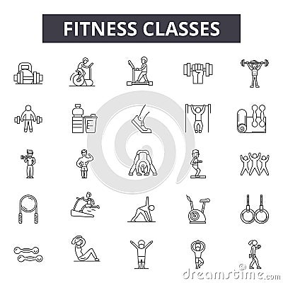 Fitness classes line icons for web and mobile design. Editable stroke signs. Fitness classes outline concept Vector Illustration