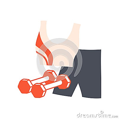 Fitness clothes and dumbbells. Sport top and shorts for morning exsercise or home workout. Vector flat illustration Vector Illustration