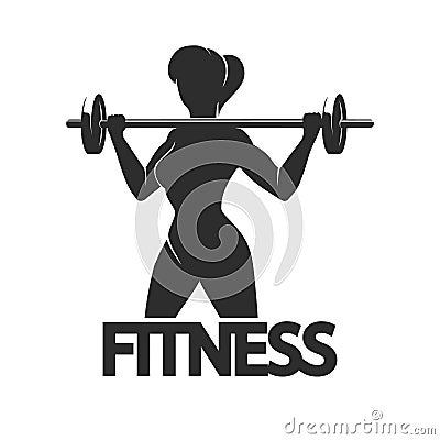 Fitness Club Emblem with Woman Holds Barbell Cartoon Illustration