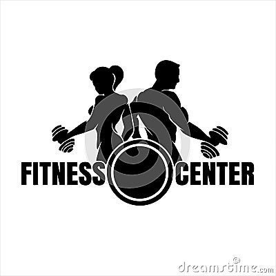 Fitness club logo or emblem with woman and man silhouettes. Vector Illustration