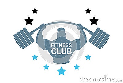 Fitness Club Logo With Silhouette Athletic Man Hold Barbell On White Background Emblem Of Modern Gym Vector Illustration