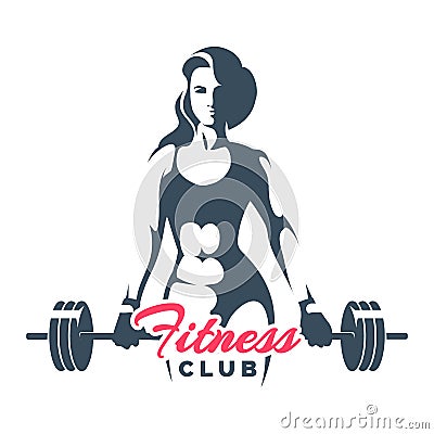 Fitness Club Logo Woman Holds Barbell on White Background Vector Illustration