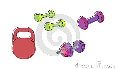 Fitness colored set with kettlebell one line art. Continuous line drawing of sport, strength, power, fitness, activity Cartoon Illustration