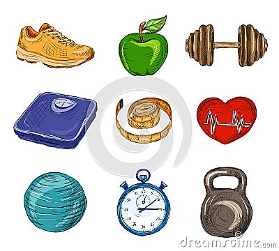 Fitness colored sketch icons Vector Illustration