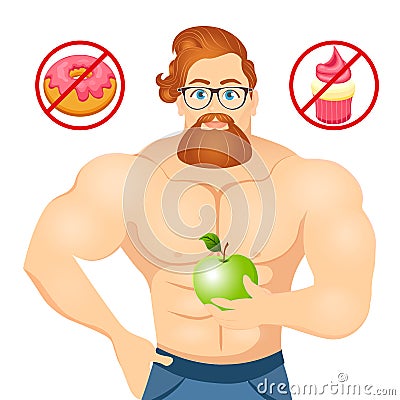 Fitness concept with sport bodybuilder Bearded Hipster with glasses and Red Hair. Muscular Fitness models. Useful and Vector Illustration