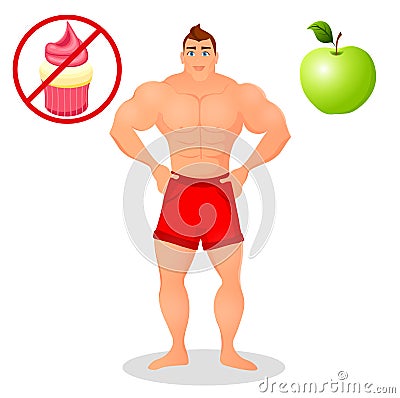 Fitness concept with sport bodybuilder man. Muscular Fitness models. Mens physique athlete. Useful and harmful food Vector Illustration