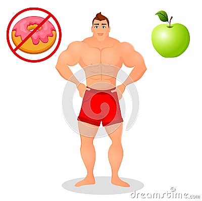 Fitness concept with sport bodybuilder man. Muscular Fitness models. Mens physique athlete. Useful and harmful food Vector Illustration