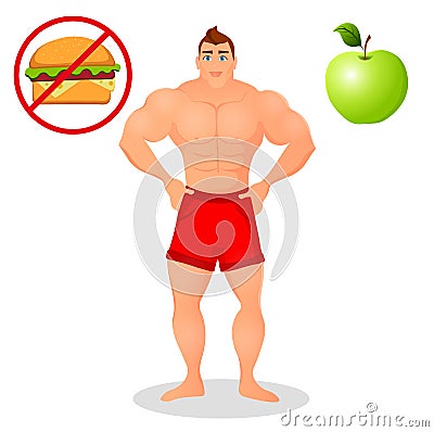 Fitness concept with sport bodybuilder man. Muscular Fitness models. Mens physique athlete. Useful and harmful food. Vector Vector Illustration