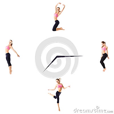 Fitness concept with the sporty woman on a white background on the clock. Stock Photo
