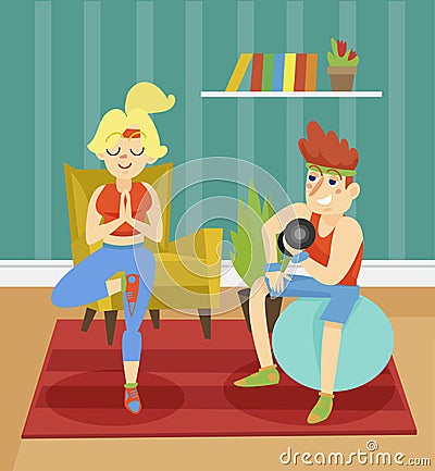 Fitness couple exercising together indoor at home vector illustration in cartoon style Vector Illustration