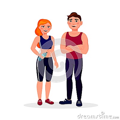Fitness couple isolated on white background. Smiling man and woman in good shape dressed in sportswear illustration in flat Cartoon Illustration