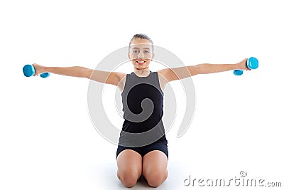 Fitness dumbbells kid girl exercise workout Stock Photo