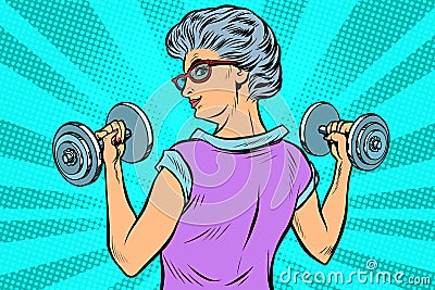 Fitness dumbbells sport activity Woman grandmother pensioner elderly lady Vector Illustration