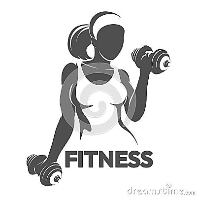 Fitness Emblem with athletic girl holds dumbbell Vector Illustration