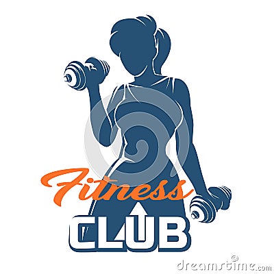 Fitness Emblem with Training Girl Holds Dumbbells Cartoon Illustration