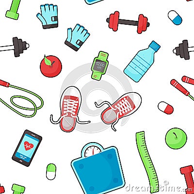 Fitness equipments seamless pattern, sport accessories background, gym things, stufff for training isolated on white background. Cartoon Illustration