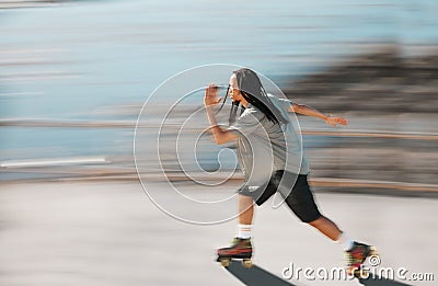 Fitness, exercise and a man on roller skates moving fast with blurred background. Action, movement and an adrenaline Stock Photo