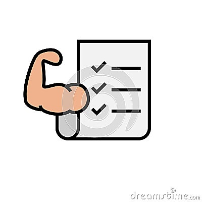 Fitness exercise plan icon. workout list sheet with hand muscle symbol for bodybuilding program. simple graphic Stock Photo