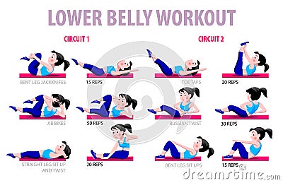 Fitness exercises with cartoon girl in blue suit Vector Illustration