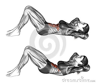 Fitness exercising. Flexion of the trunk with the rise of the pelvis lying on the floor. Female Stock Photo