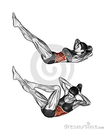 Fitness exercising. Twisting body like bicycle. Female Stock Photo