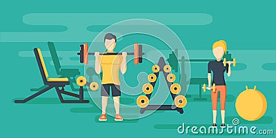 Fitness flat horizontal banners with gym Vector Illustration