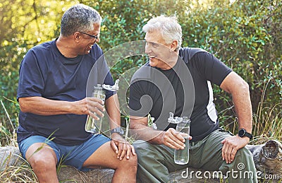 Fitness, friends and elderly men relax after run in park with water bottle, hydration and break after exercise. Body Stock Photo