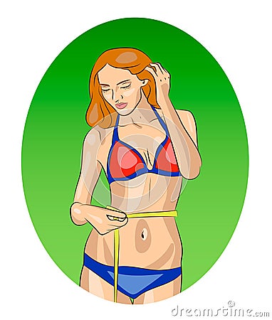 Fitness girl in bikini measuring her waist Vector Illustration