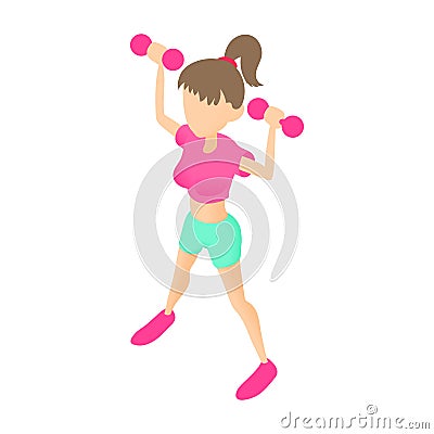 Fitness girl with dumbbells icon, cartoon style Vector Illustration