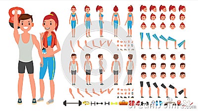 Fitness Girl, Man Vector. Animated Sport Male, Female Character Creation Set. Full Length, Front, Side, Back View Vector Illustration