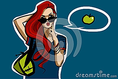 The fitness girl in sunglasses with speech bubble on a blue background. vector illustration. Vector Illustration