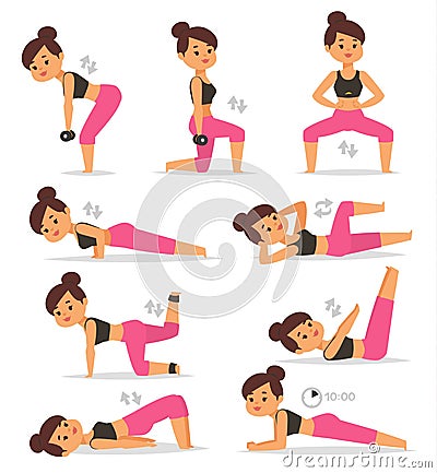 Fitness girl woman sport exercise vector character workout beautiful athlete. Women sport exercise lifestyle training Vector Illustration