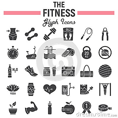 Fitness glyph icon set, sport symbols collection Vector Illustration