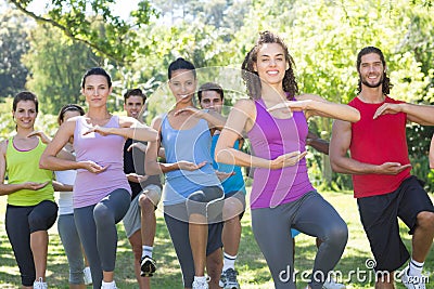 Fitness group doing tai chi in park Stock Photo