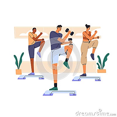 Fitness group practices cardio workout in sport class. People engage step training, pilates. Sporty man, coach with Vector Illustration