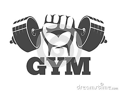 Fitness Gym or Athletic club emblem with fist holds barbell Vector Illustration