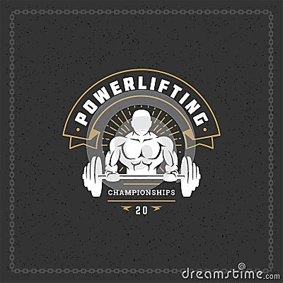 Fitness gym badge or emblem vector illustration bodybuilder man lifting a heavy barbell silhouette Vector Illustration