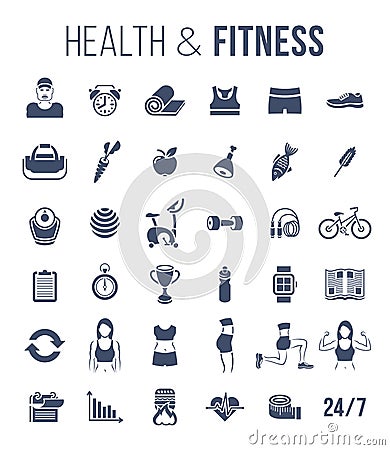 Fitness gym and healthy lifestyle flat silhouettes vector icons Vector Illustration