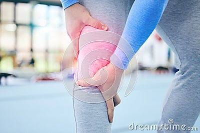 Fitness, gym and man with pain in knee, medical emergency during gymnastics workout at sport studio. Exercise, health Stock Photo