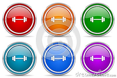 Fitness, gym, sport silver metallic glossy icons, set of modern design buttons for web, internet and mobile applications in 6 Stock Photo
