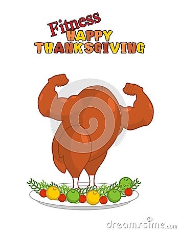 Fitness happy thanksgiving day. Strong turkey on plate with garnish. Powerful fowl Baked on dish. Chicken Vector Illustration