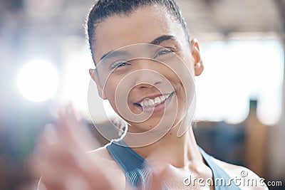 Fitness, health and training with a portrait of a personal trainer looking happy and ready to assist on a gym membership Stock Photo