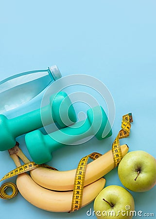 Fitness, healthy and active lifestyles Concept on blue background. copy space for text. Stock Photo