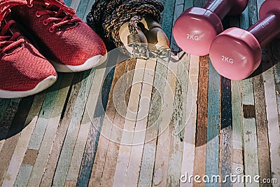 Fitness, healthy and active lifestyles concept, Still life of du Stock Photo