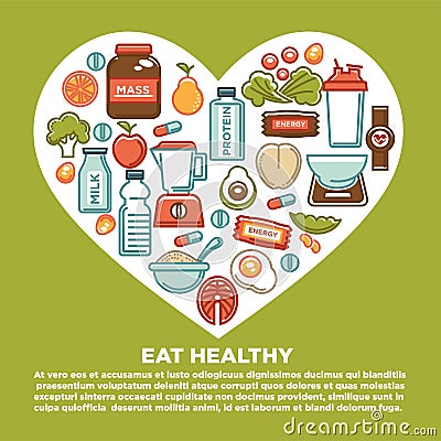 Fitness healthy food heart poster of sport diet food nutrition and dietary supplement icons. Vector Illustration