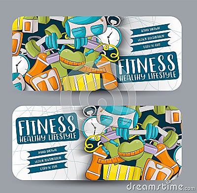 Fitness and healthy lifestyle. Horizontal banner template set. Modern hand drawn doodle design. Vector Illustration