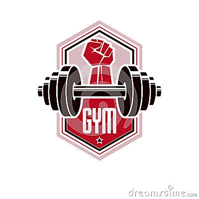 Fitness and heavyweight gym sport club logotype template, retro stylized vector emblem or badge. Vector Illustration