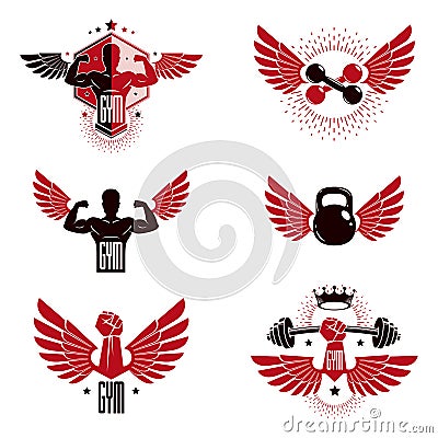 Fitness and heavyweight gym sport club logotype templates, retro style vector emblems set Vector Illustration