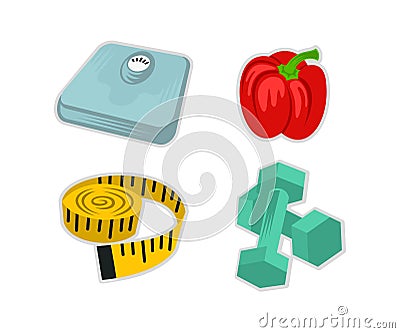 Fitness icon set, fitness scales, bell pepper, measuring tape of tailor and plastic fitness weight dumbbells for women. Healthy li Vector Illustration