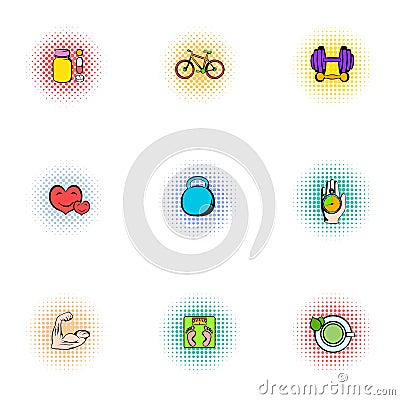 Fitness icons set, pop-art style Vector Illustration